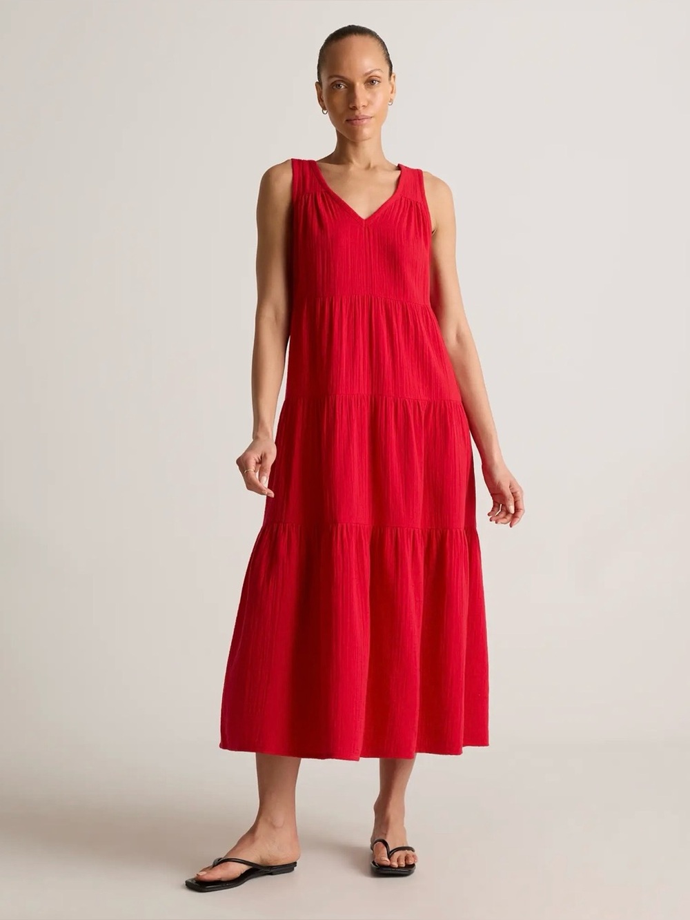 Quince 100% Organic Cotton Gauze Tiered Maxi Dress in Wild Cherry, Size XS
